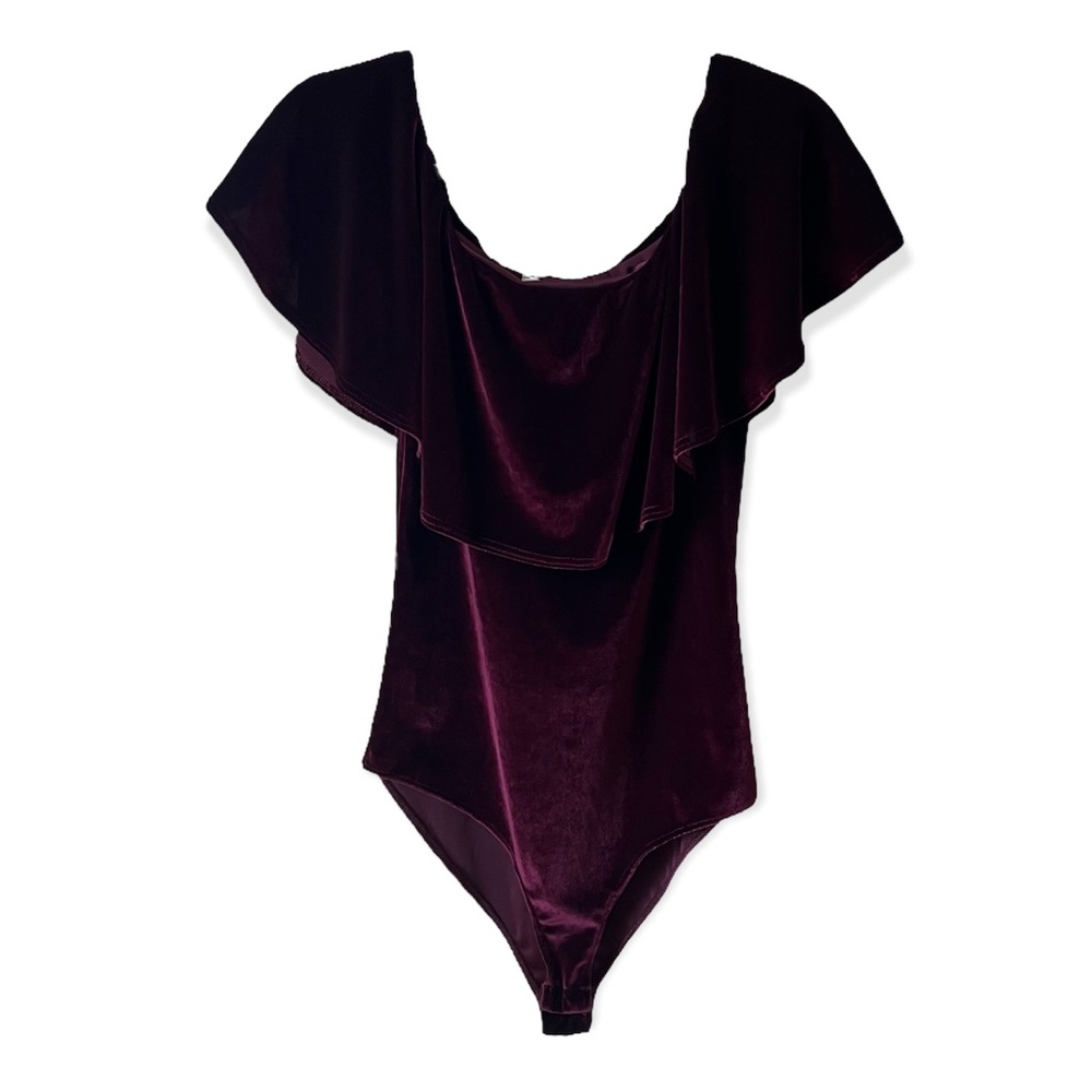 Over Shoulder Ruffle Velvet Bodysuit size L